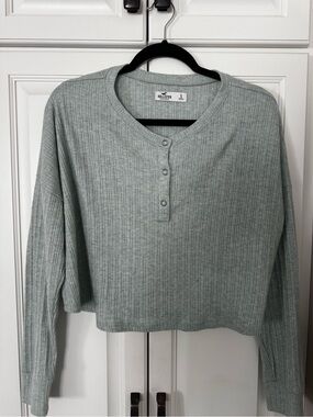 Hollister Ribbed Henley Crop Long Sleeve Top - Sage Green